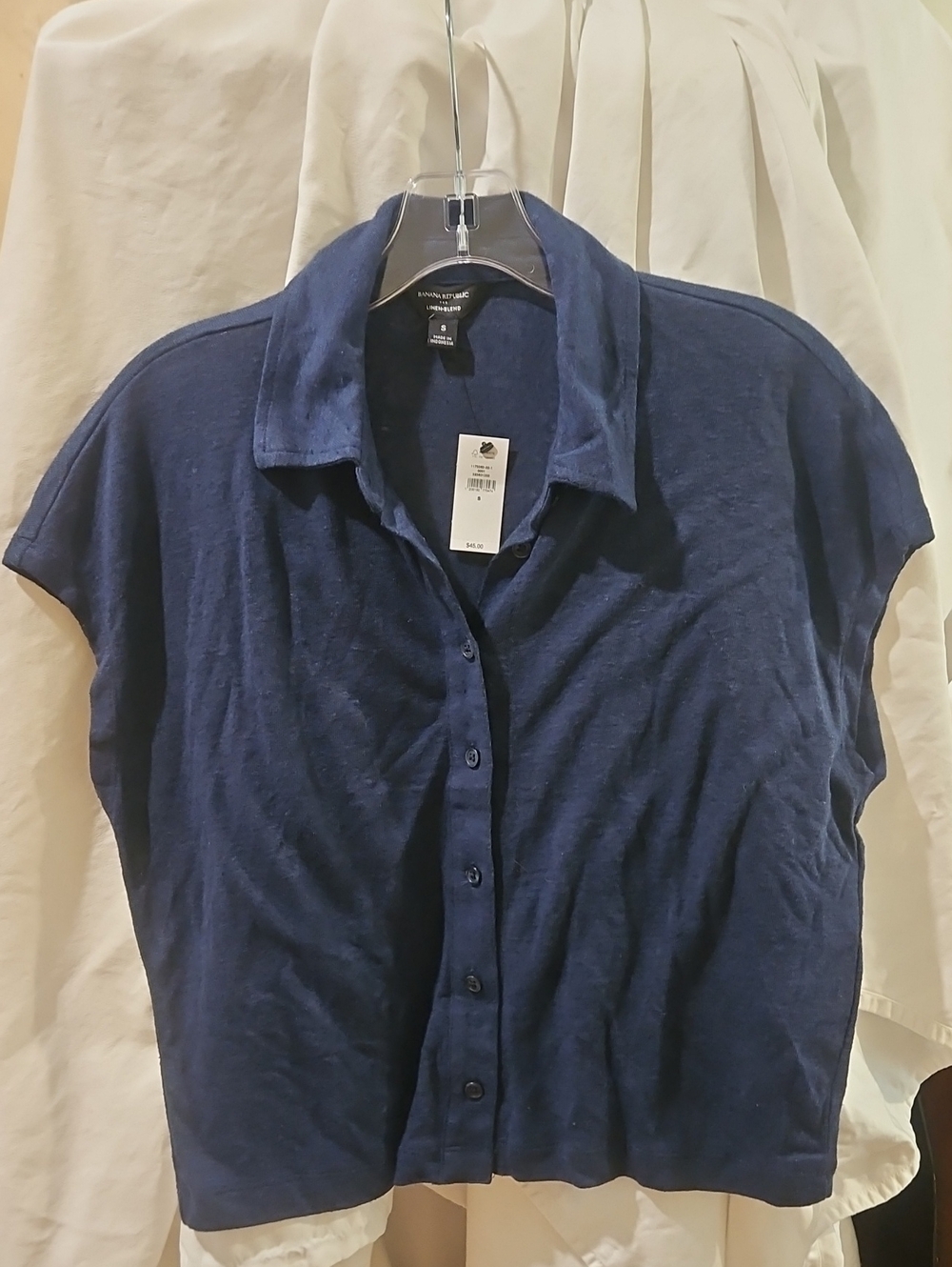 Banana Republic, Linen Blend Top, Short-Sleeve Button-Up, Navy, Small, NWT